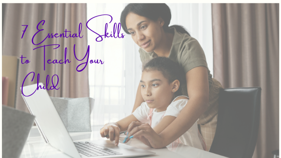 mother teaching child to use laptop